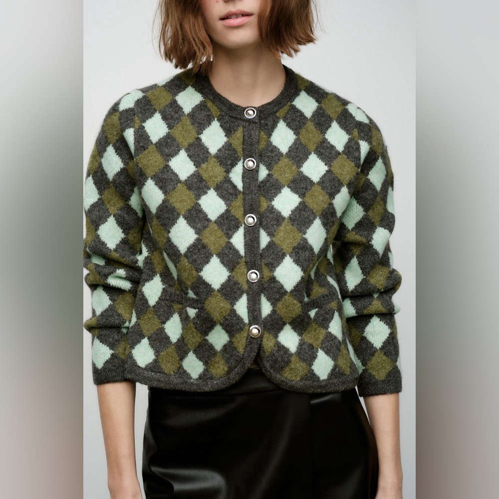 Zara Argyle Knit Jacquard Cardigan S - Picture 1 of 12